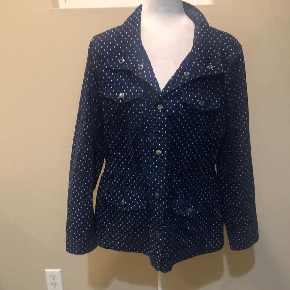 Talbots Blue and White Polka Dot 4 Pocket Snap Closure Drawstring Jacket-L